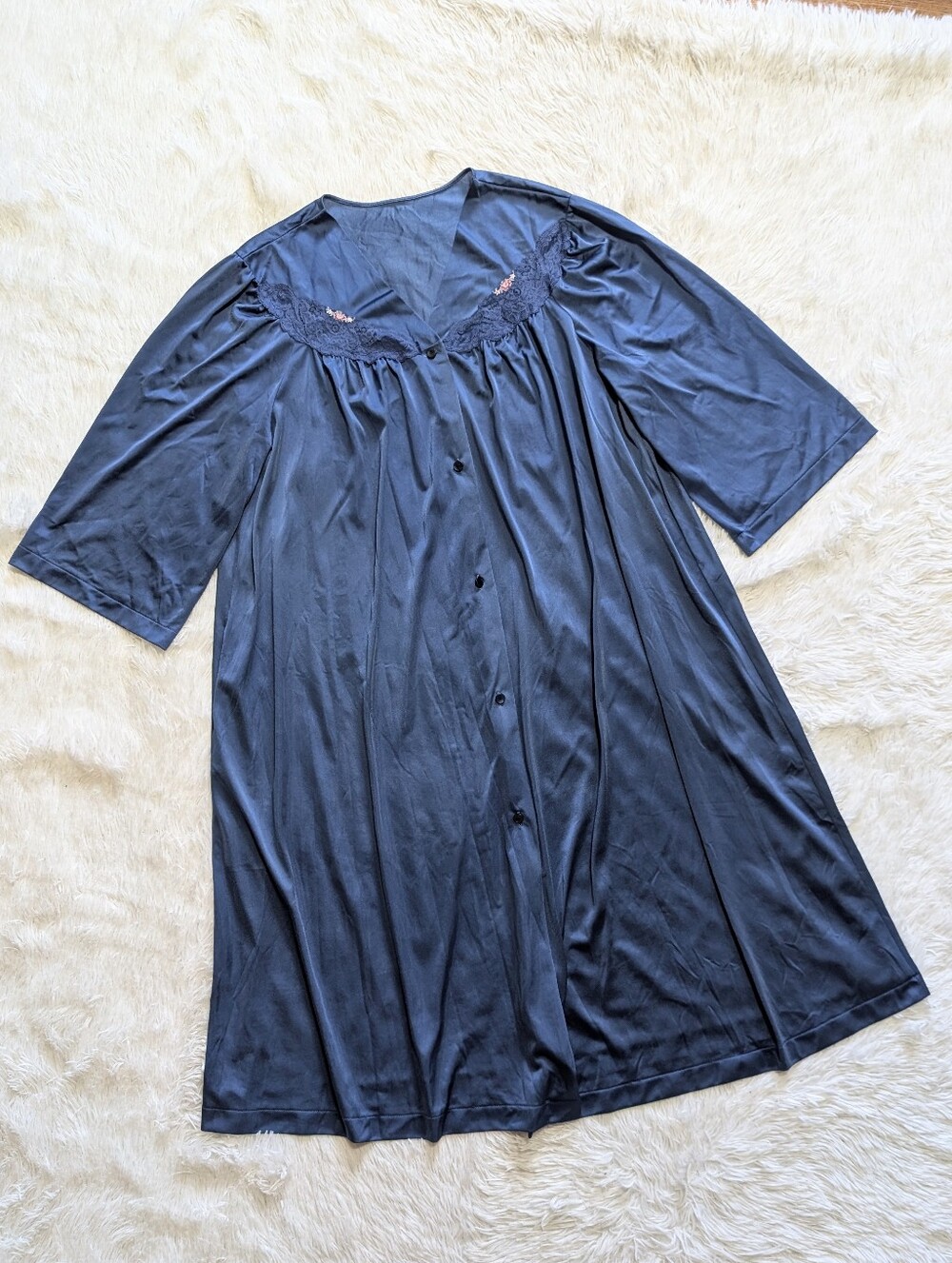 80s Vintage Shadowline Blue Flowy Button Down Lingerie Chemise Peignoir Large